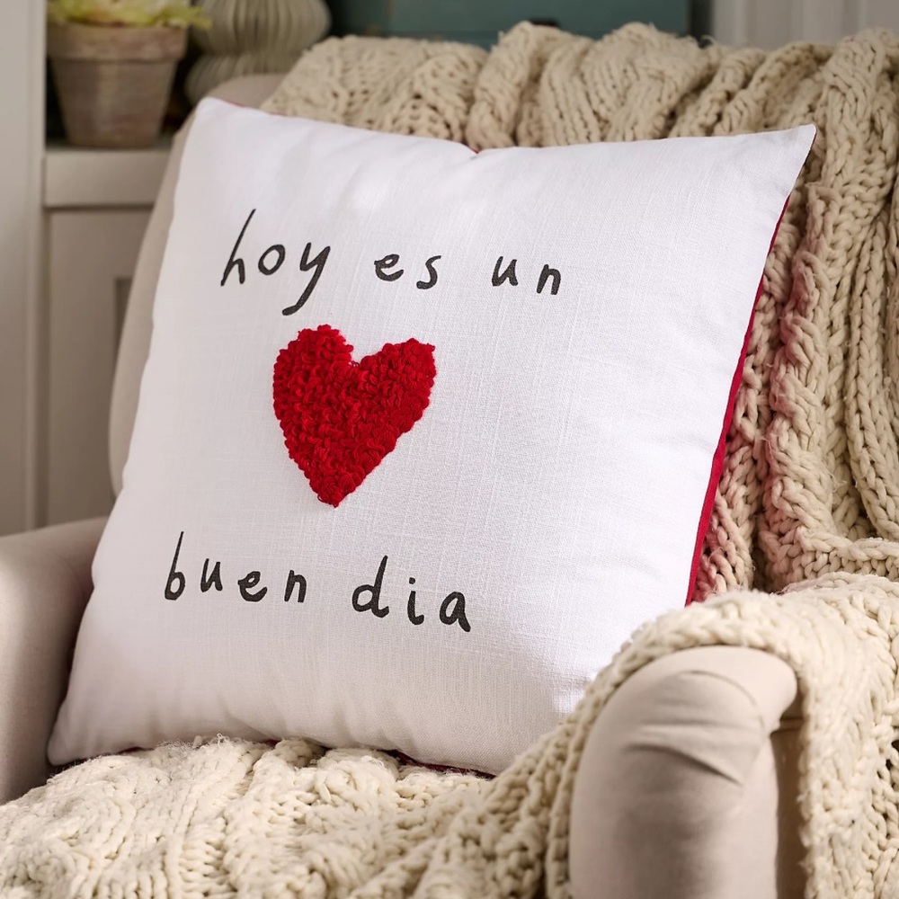 Love Hoy Es un Buen Dia  Hola Amor 20" Double-Sided Pillow w/Embroidery Heart EC